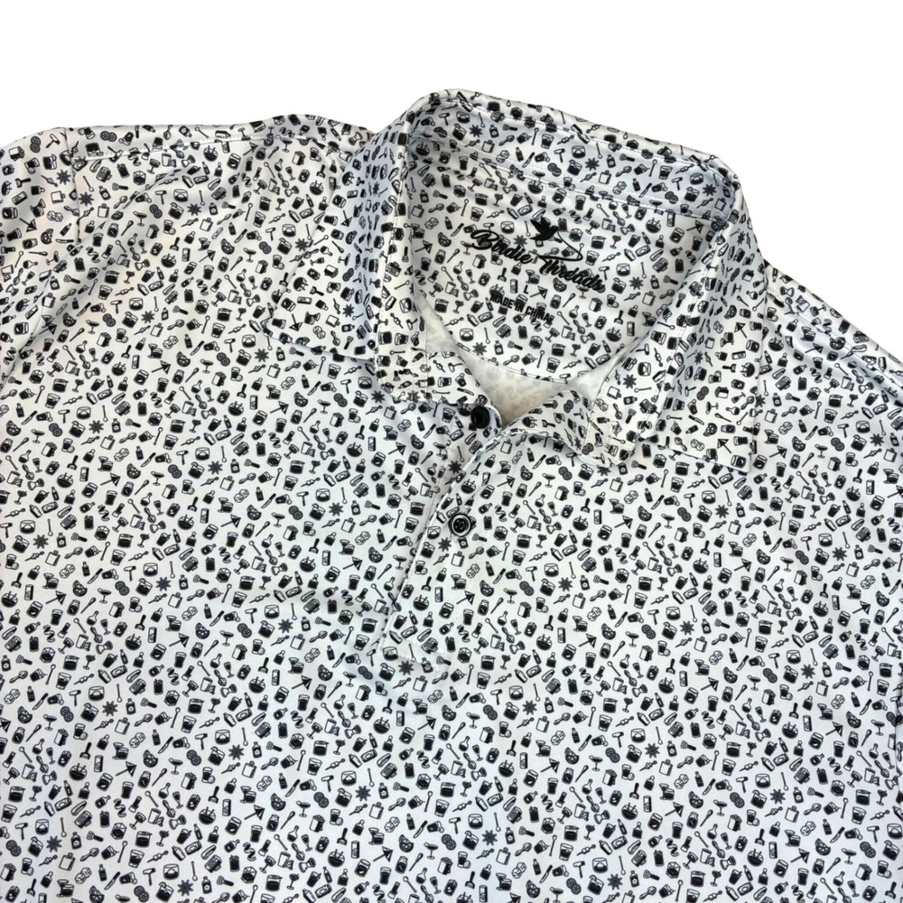 Birdie Threads Polo Shirt Mens Large White Black Cocktail Print Golf Performance